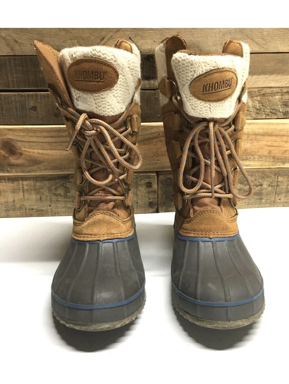 Khombu Boots Womens Cozy Winter Snow Duck Size 6M Brown Rubber Leather Knit